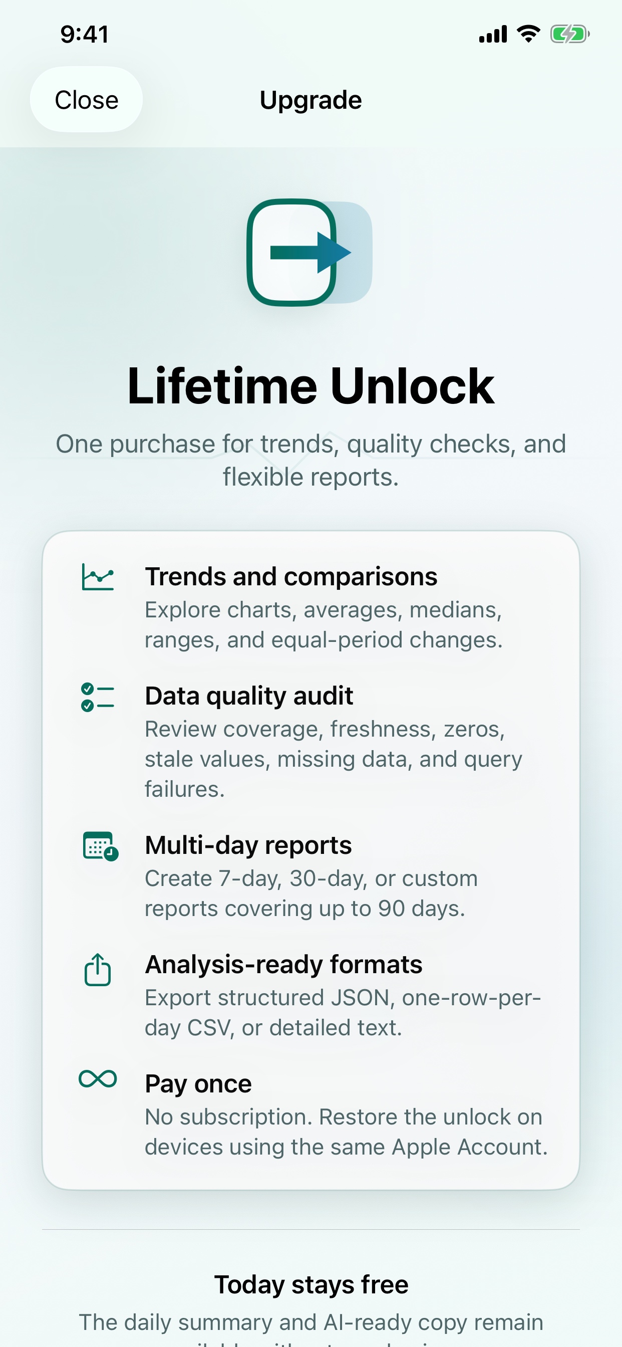Health Handoff Lifetime Unlock screen explaining trends, quality audits, multi-day reports, export formats, and one-time purchase